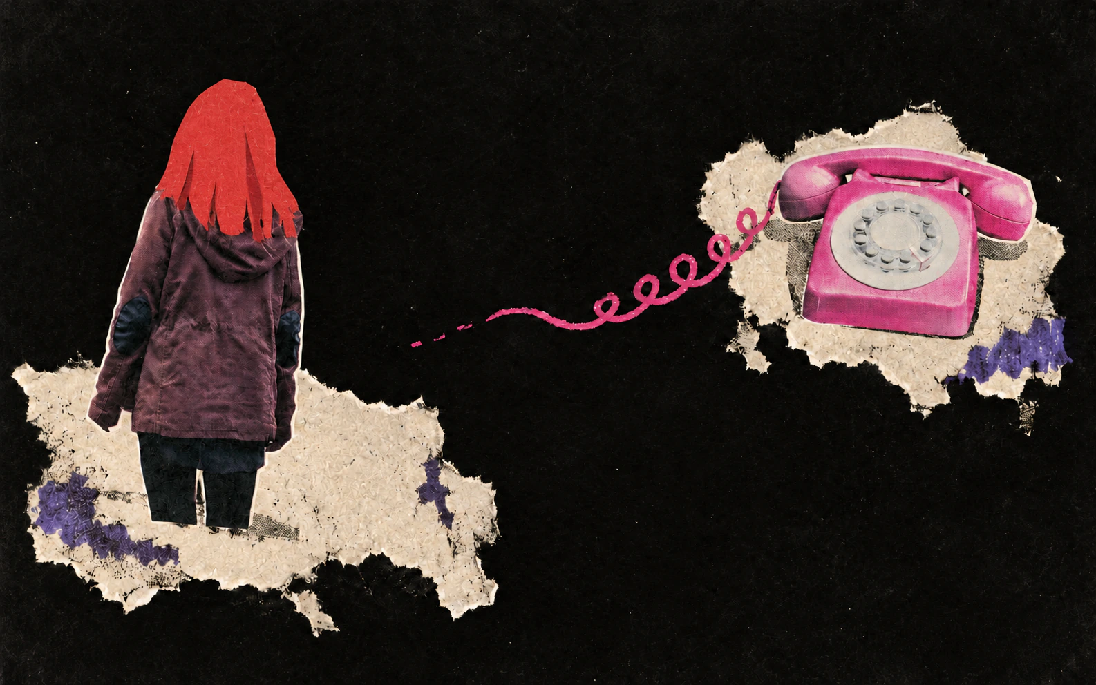 Collage of a turned-away person with red paper-cutout hair, separated from a pink telephone by a black gap and an unfinished cord