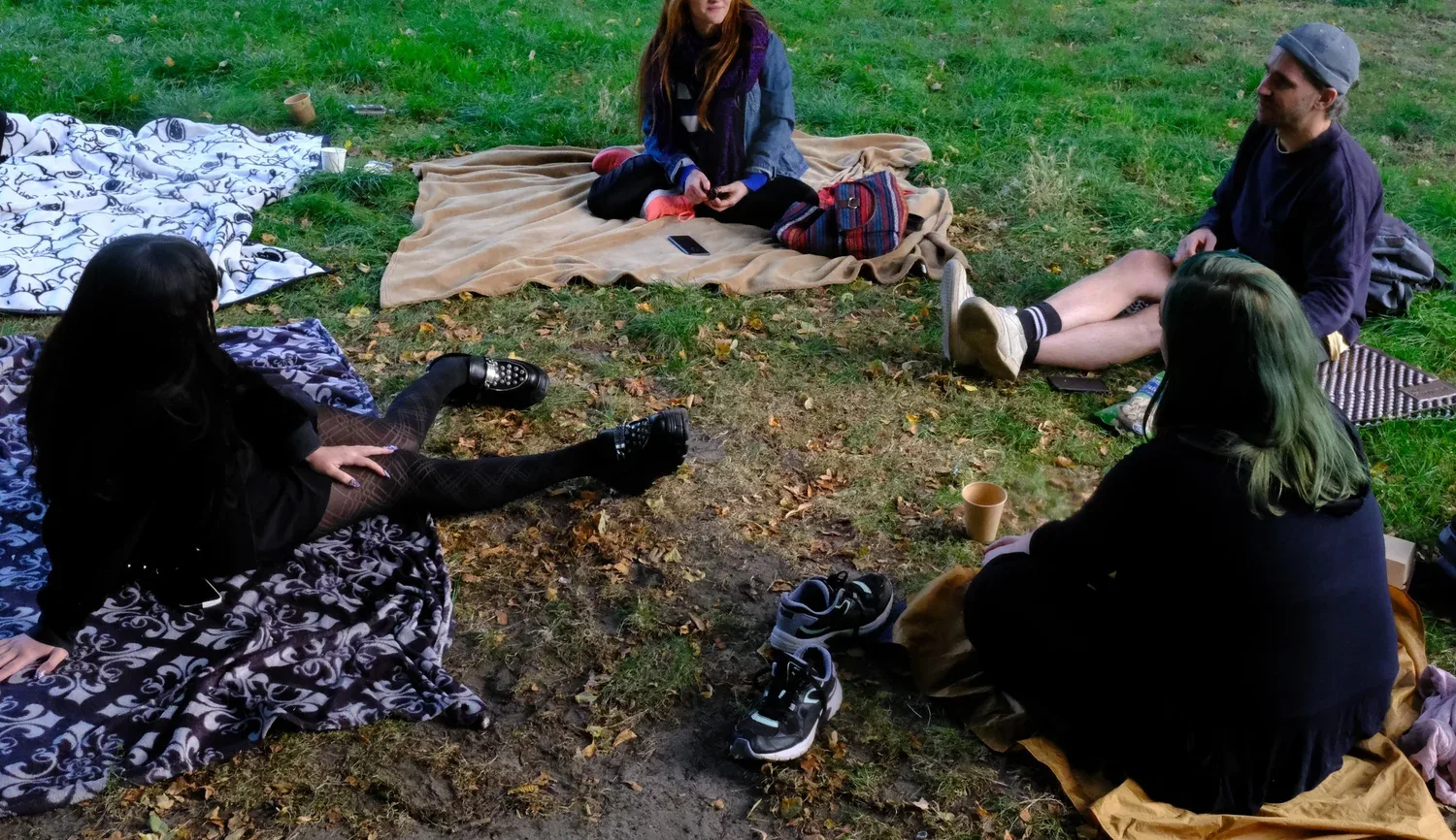 A group of chronically ill friends meeting up at the park. They are sitting on blankets and socialising.