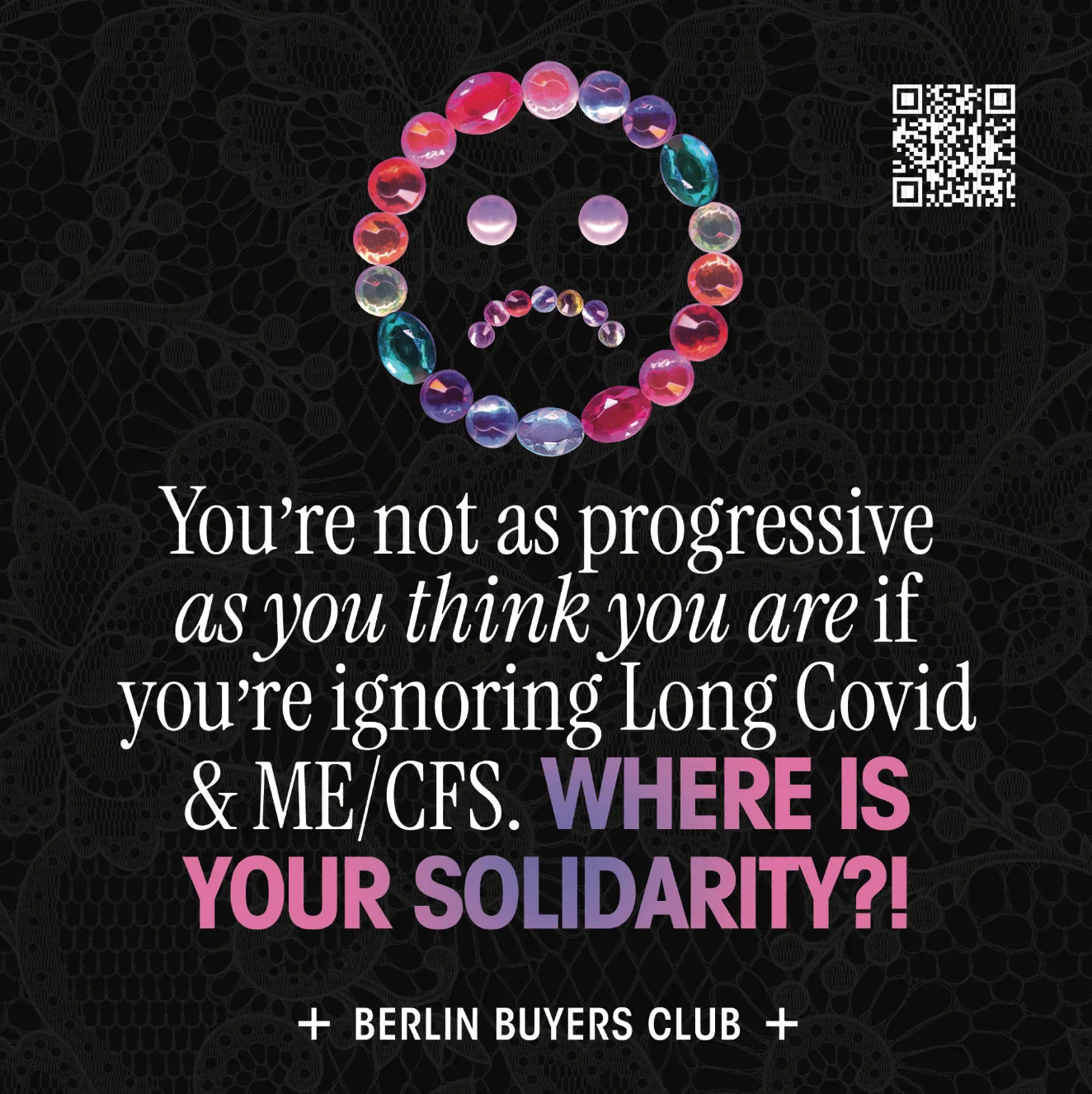 A sad face made of gems: You’re not as progressive as you think you are if you’re ignoring Long Covid and ME/CFS. Where is your solidarity?!