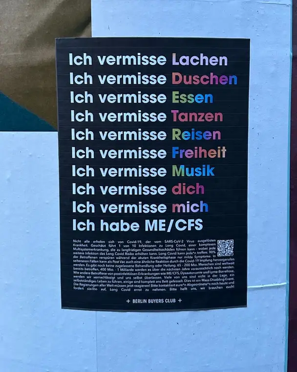 Poster listing everything a person with ME/CFS misses: laughing, eating, dancing, travelling, music