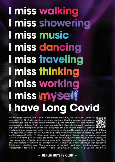 Poster: I miss walking, showering, music, dancing … I miss myself. I have Long Covid